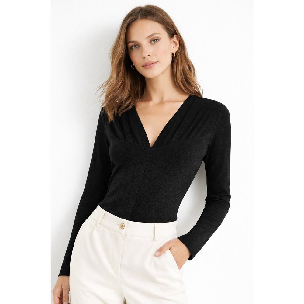 Irene Van Ryb Wool Blend Top V Neck Fitted Long Sleeve Black Small Minimalist